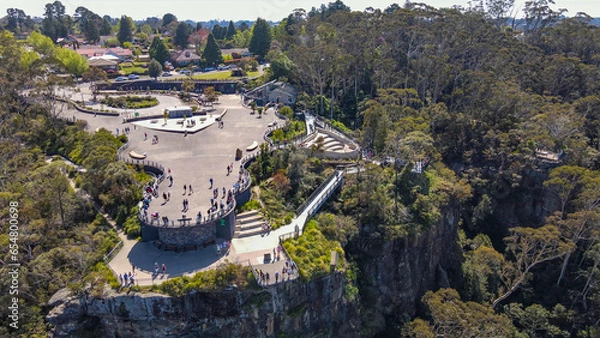 Obraz Aerial drone view of Echo Point Lookout at Katoomba in the Blue Mountains region, New South Wales, Australia on a sunny day in September 2023   