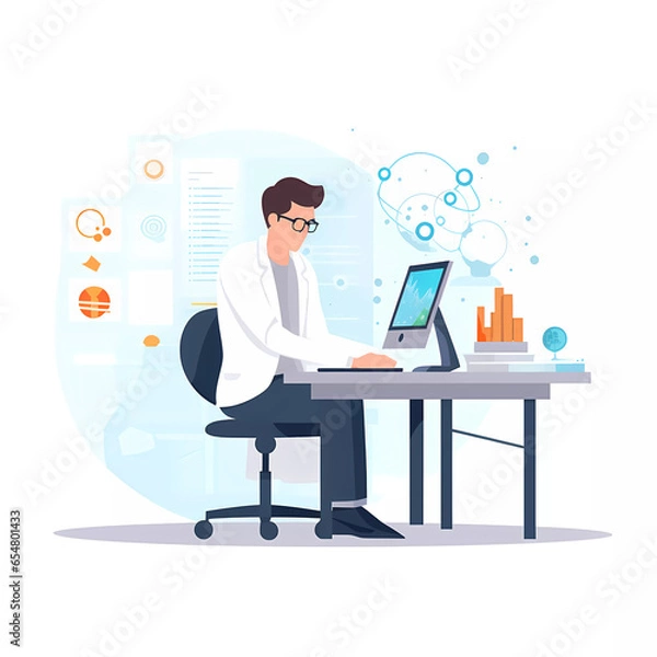 Obraz Data scientists using computer to analyze data. flat cartoon illustration.Data scientist concept.