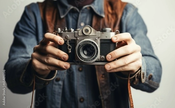 Fototapeta Hands cradle vintage camera, poised for a nostalgic photographic journey