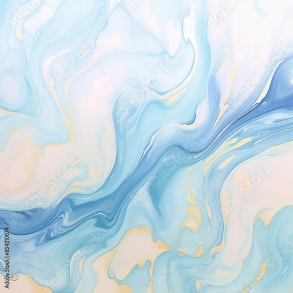 Fototapeta マーブリング風の抽象正方形テンプレート。水色と青と金色の流動体