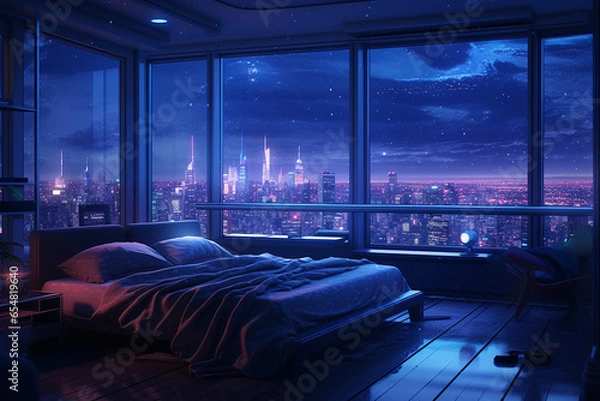 Fototapeta an image in the anime art style, of a bedroom interior with a panoramic window view of a futuristic cityscape at night, rain streaming down the glass. | Generative Ai