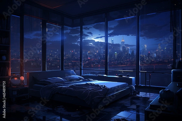 Fototapeta an image in the anime art style, of a bedroom interior with a panoramic window view of a futuristic cityscape at night, rain streaming down the glass. | Generative Ai