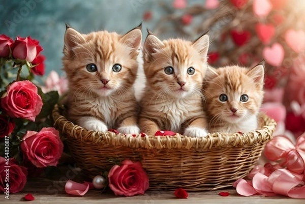 Fototapeta Valentine day. Cute kittens inside a straw basket, colorful roses and balloons, hearts, white candle, vivid colorful background. Generative Ai.