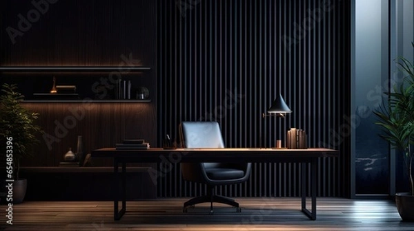 Fototapeta Contemporary home office with product display space low light near window 3D rendering