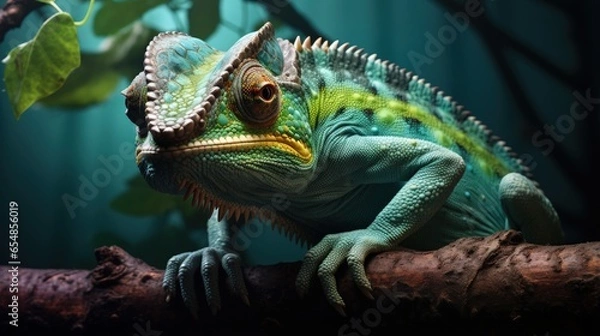 Obraz Close up of a magnificent chameleon on a tree branch with wide open eyes