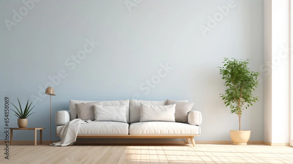 Obraz シンプルな淡い青色の壁にナチュラルなソファーがある部屋