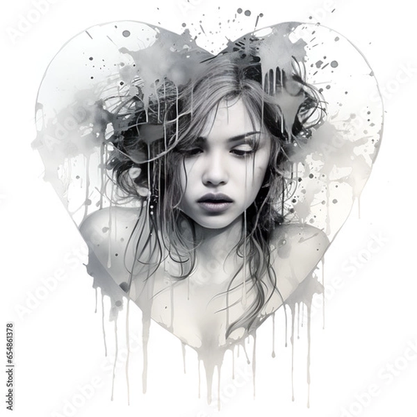 Fototapeta 
Watercolor painting of a beautiful young woman in black and white, heartbroken and sad. Generative AI