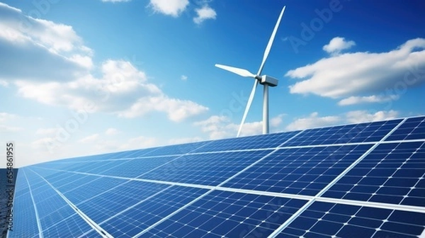 Fototapeta Close up view of wind turbines and solar panels against the sky