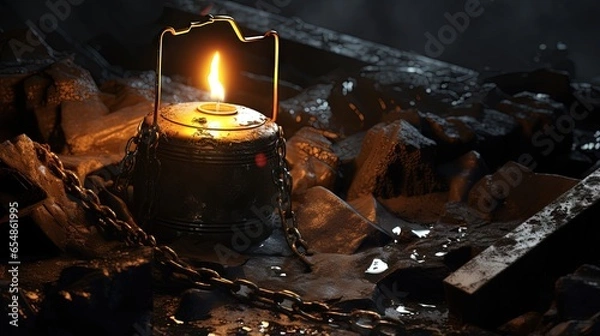 Fototapeta Candle and coal in a graveyard after a mine accident