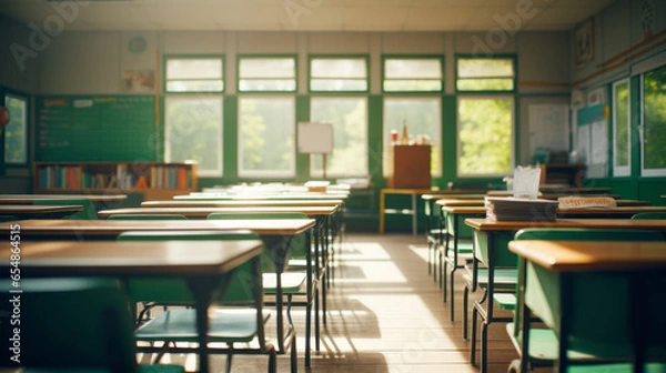 Fototapeta School classroom in blur background without kids or teacher; Blurry view of elementary class room.