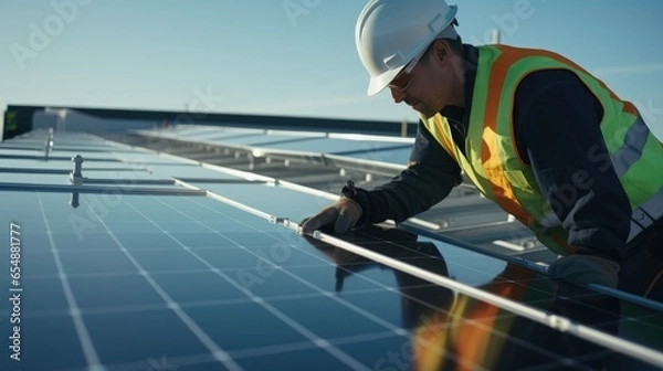 Fototapeta Male engineer worker examining or installing solar panels system outdoors