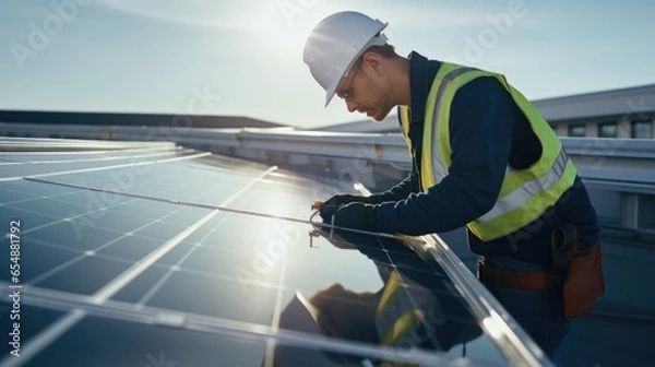 Fototapeta Male engineer worker examining or installing solar panels system outdoors