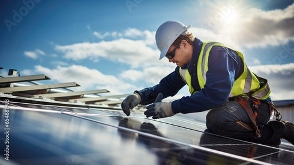 Fototapeta Male engineer worker examining or installing solar panels system outdoors