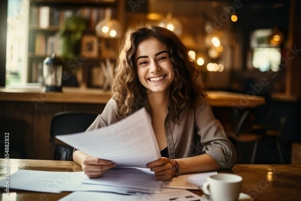 Fototapeta  woman sitting on desk and checking some financial paper