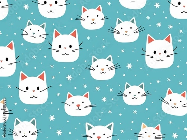 Fototapeta white cats on a blue background with stars, seamless pattern with cats