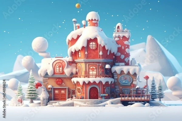 Fototapeta Santa Claus house in the snow. 3D illustration style. Christmas background. Generative Ai
