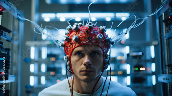 Obraz a man in an advanced neuroscience lab, wearing an EEG cap and exploring the brain's intricate patterns of activity to unlock mysteries of cognition and consciousness. 