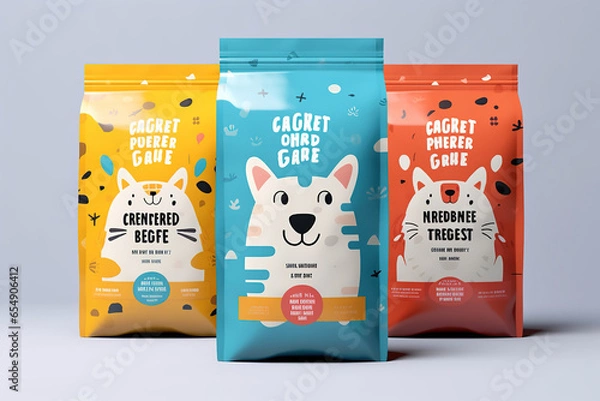 Fototapeta packaging for a pet food line that celebrates the bond between pets and their owners, featuring heartwarming imagery and friendly fonts