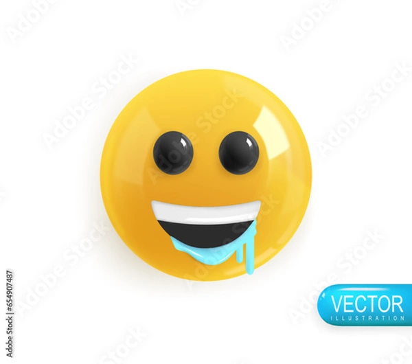 Fototapeta Emoji face drooling with happiness. Realistic 3d design. Emoticon yellow glossy color. Icon in plastic cartoon style isolated on white background. Vector illustration