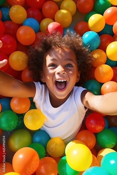 Obraz  laughing child boy having fun in ball pit on birthday party in kids amusement park and indoor play center, laughing, playing with colorful balls in playground ball pool.