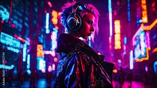 Fototapeta Woman in the night cityscape