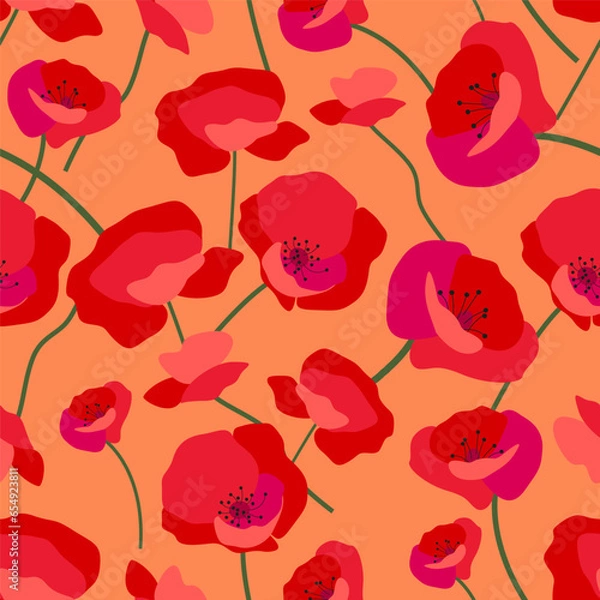 Obraz bright seamless pattern consisting of red poppy flowers on green stems