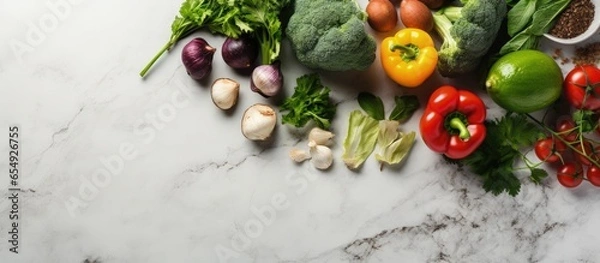 Fototapeta Top view of clean eating concept with fresh unprocessed veggies vegan diet over marble countertop with copyspace for text