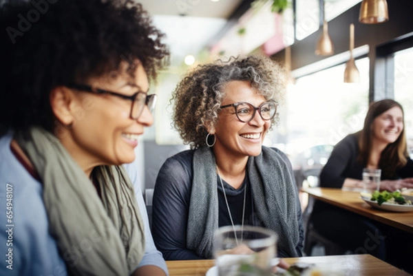 Obraz Happy smiling female friends sitting in a café laughing and talking during a lunch break