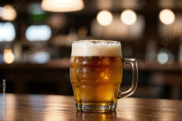 Fototapeta Cold beer in glass in wooden table in pub bokeh lighting background, copy space