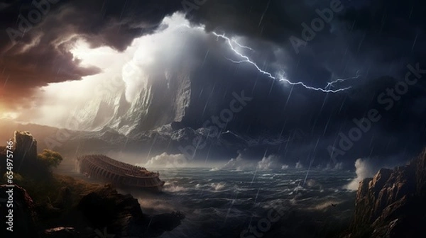 Fototapeta Noah's ark in the storm and flood on the mountain biblical scenery
