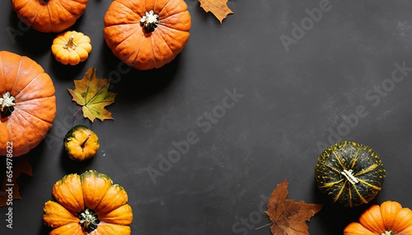 Fototapeta Different varieties of pumpkins with leafs on a simple black background in flatlay style