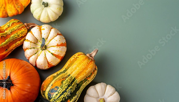 Fototapeta Different varieties of pumpkins on a simple green and blue background in flatlay style