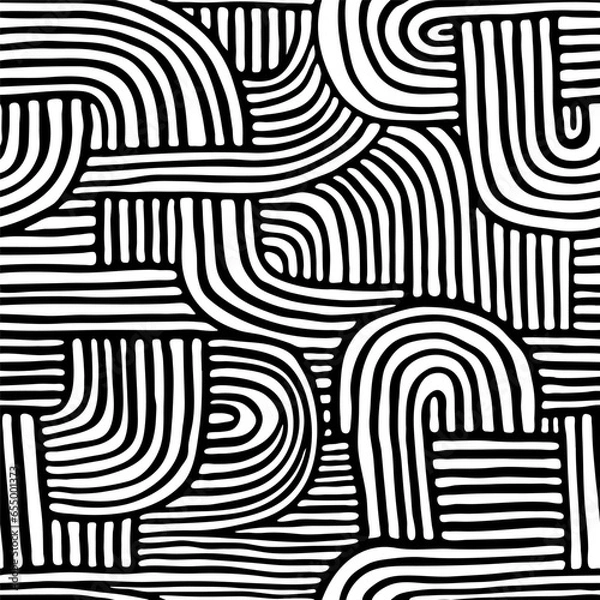 Fototapeta Abstract vector black and white seamless hand drawn texture with striped shapes. Boho art endless background. Contemporary art poster, wallpaper, wall, mural, home textile, bedding, package, fabric. 