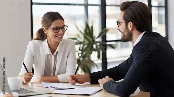 Obraz In an office environment, a man and woman are seated at a table,in a business meeting or discussion