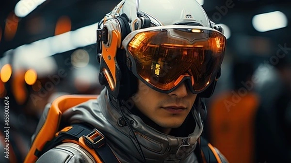 Fototapeta Fearless woman donning a sleek,high-tech suit and a futuristic helmet, ready to conquer the unknown.