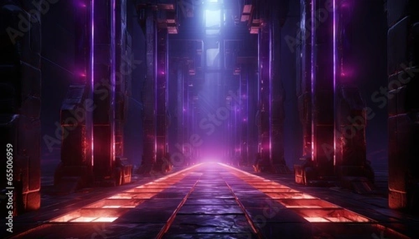 Fototapeta Corridor Tunnel Dark Hall Reflective Neon Glowing Sci Fi Futuristic