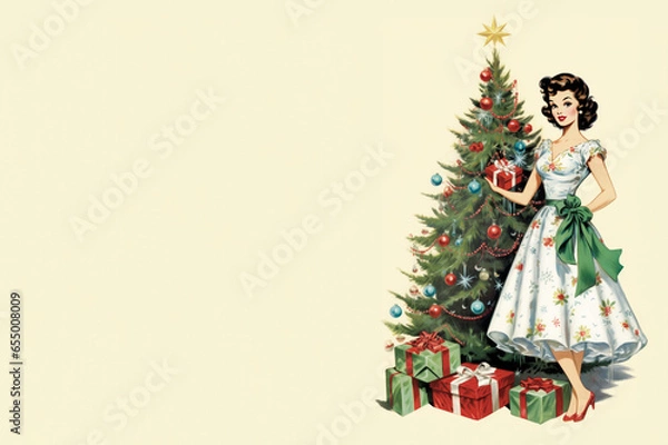 Fototapeta Stylish Vintage Woman Christmas Postcard created with Generative AI technology