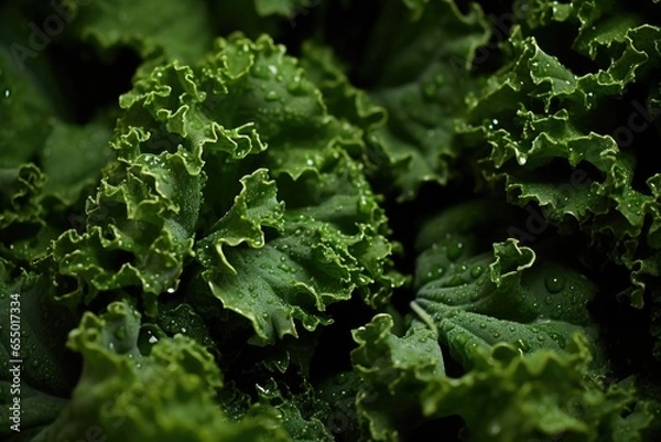 Fototapeta The deep green hue of kale leaves contrasts against a dark background, emphasizing their rich color and adding depth to the shot.