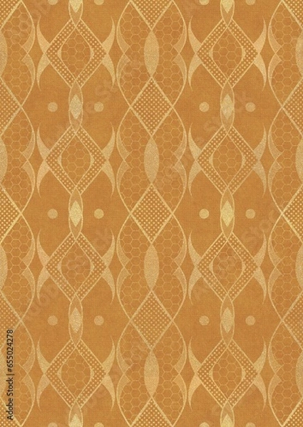 Fototapeta Hand-drawn unique abstract symmetrical seamless gold ornament on a yellow background. Paper texture. Digital artwork, A4. (pattern: p12e)