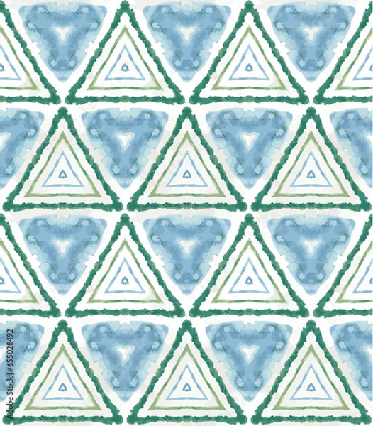 Fototapeta Blue, Green, Triangles, Watercolor, Geometric, Vector, Seamless, Repeating, Pattern, Tile