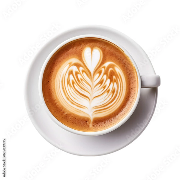 Fototapeta coffee cup latte art, top view isolated on a white background