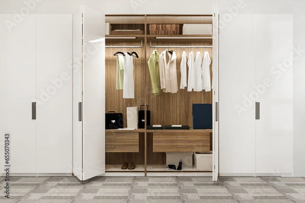 Fototapeta 3d rendering minimal scandinavian wood walk in closet with wardrobe
