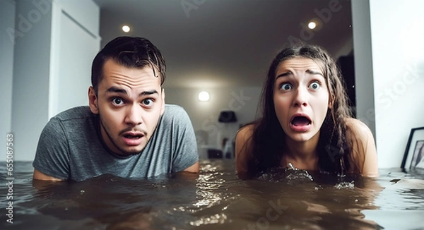 Obraz There is a flood in the apartment. A young couple in shock stands in an apartment waist-deep in water. Flood concept. The roof is leaking, a pipe has burst in the house.