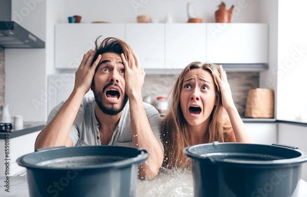 Obraz There is a flood in the apartment, water is dripping from the roof into buckets. A young couple looks at the ceiling in shock. Flood concept. The roof is leaking, a pipe has burst in the house.