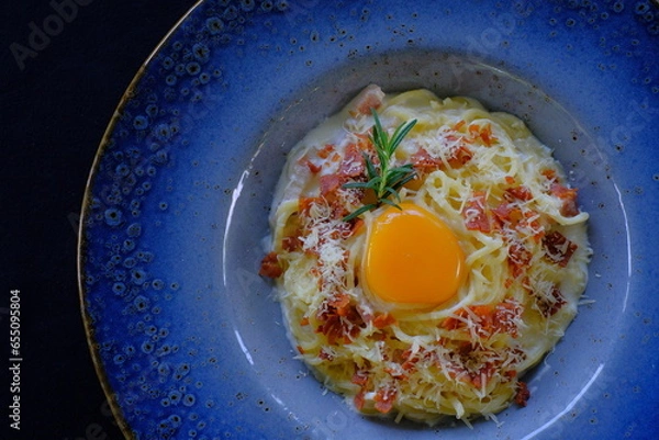 Obraz Spaghetti Carbonara Cream Sauce with egg and spaghetti with meatball, classic Italian pasta
