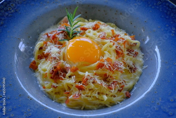 Obraz Spaghetti Carbonara Cream Sauce with egg , classic Italian pasta