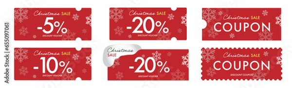 Fototapeta 冬のセールに使えるシンプルな赤い雪の結晶のクーポンベクターデザインセット2