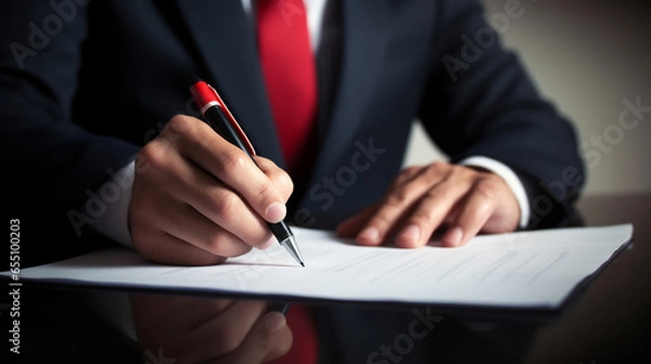 Fototapeta Businessman use pen to tick the correct sign mark in the checkbox for quality document control checklist. Generative Ai