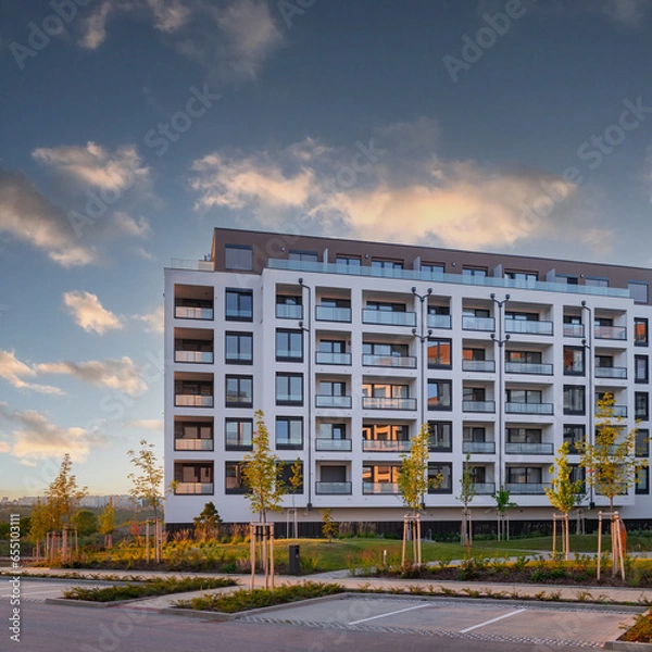 Fototapeta Modern residential area with a block of flats behind the park and the empty parking spaces.