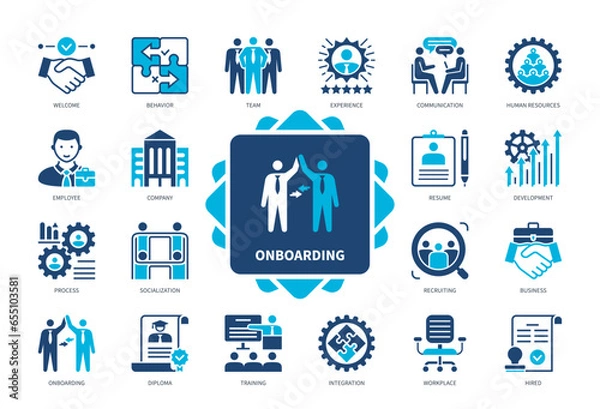 Obraz Onboarding icon set. Employee, Integration, Human Resources, Workplace, welcome, Experience, Company, Training. Duotone color solid icons